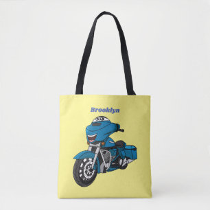 Cute happy blue motor cartoon tote bag