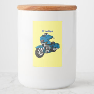 Cute happy blue motor cartoon voedselcontainer etiket