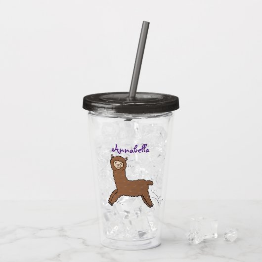 Cute happy brown alpaca cartoon acryl drinkbeker (Achterkant ijs)