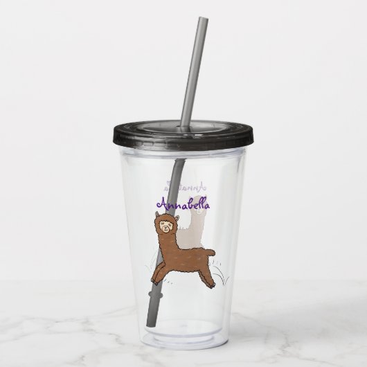 Cute happy brown alpaca cartoon acryl drinkbeker (Achterkant)