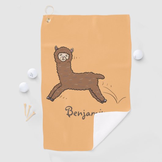 Cute happy brown alpaca cartoon golfhanddoek (Insitu)