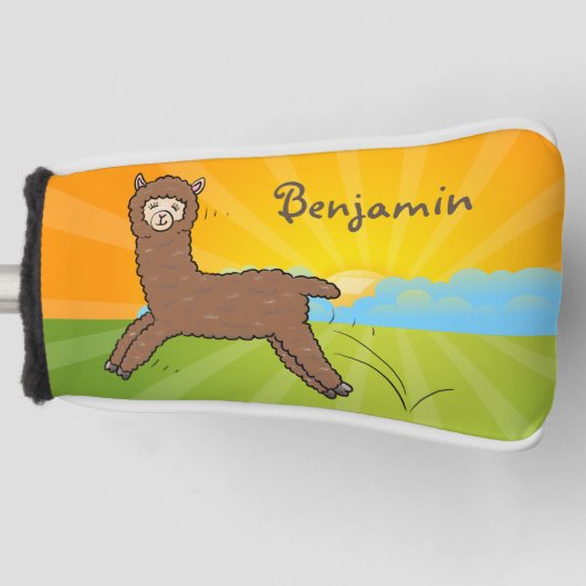 Cute happy brown alpaca cartoon golfheadcover (Voorkant)