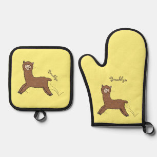 Cute happy brown alpaca cartoon ovenwant & pannenlap set