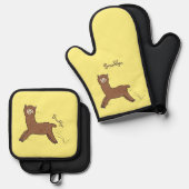 Cute happy brown alpaca cartoon ovenwant & pannenlap set (Voorkant / Achterkant)