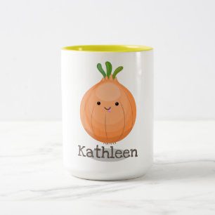 Cute happy brown onion cartoon illustratie tweekleurige koffiemok