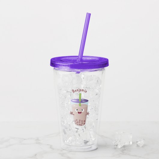 Cute happy bubble tea boba cartoon acryl drinkbeker (Achterkant ijs)