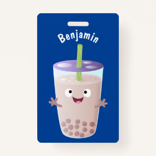 Cute happy bubble tea boba cartoon badge
