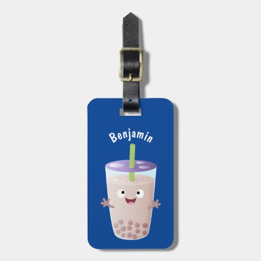 Cute happy bubble tea boba cartoon bagagelabel (Voorkant verticaal)