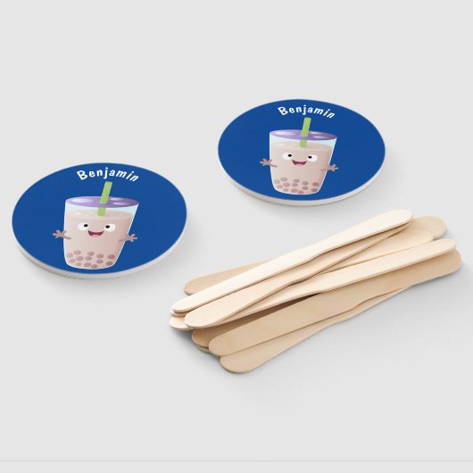 Cute happy bubble tea boba cartoon handwaaier (Niet-gemonteerd)