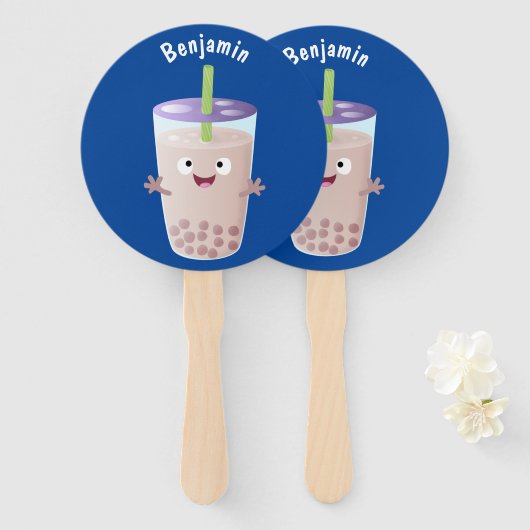 Cute happy bubble tea boba cartoon handwaaier (Voorkant en achterkant)