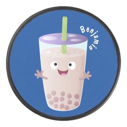 Cute happy bubble tea boba cartoon hockey puck (Voorkant)