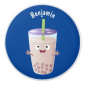 Cute happy bubble tea boba cartoon keramische knop (Voorkant)