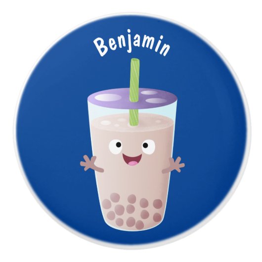 Cute happy bubble tea boba cartoon keramische knop (Voorkant)