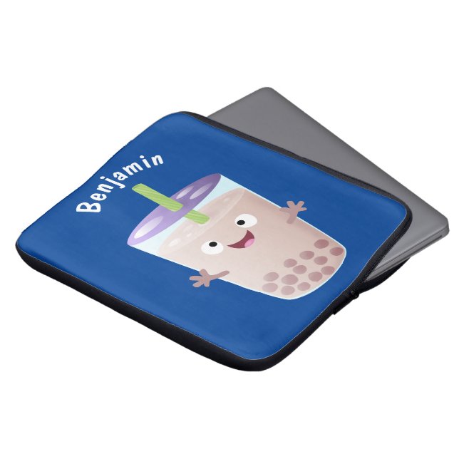 Cute happy bubble tea boba cartoon laptop sleeve (Voorkant top)