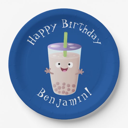 Cute happy bubble tea boba cartoon papieren bordje (Voorkant)
