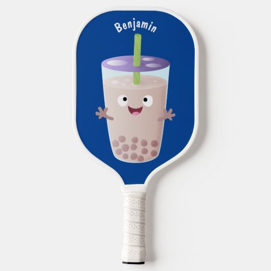 Cute happy bubble tea boba cartoon pickleball paddle (Achterkant)