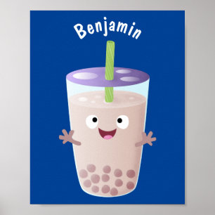Cute happy bubble tea boba cartoon poster