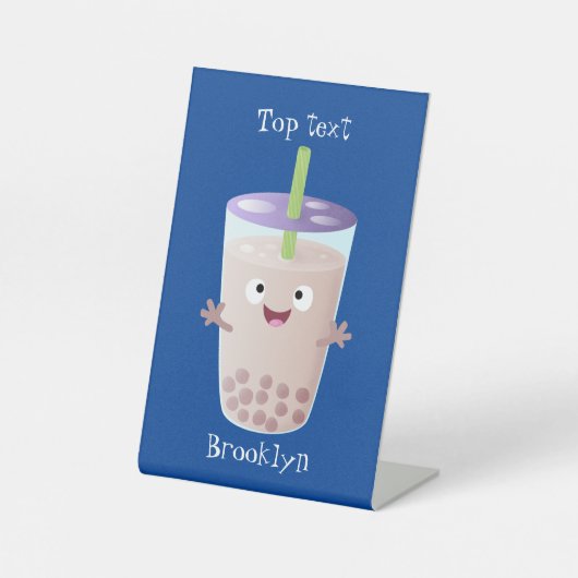 Cute happy bubble tea boba cartoon reclamebord met voetstuk (Voorkant)