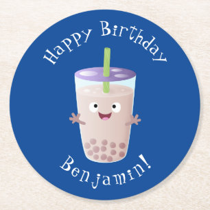 Cute happy bubble tea boba cartoon ronde kartonnen onderzetter