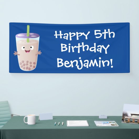 Cute happy bubble tea boba cartoon spandoek (Beurs)