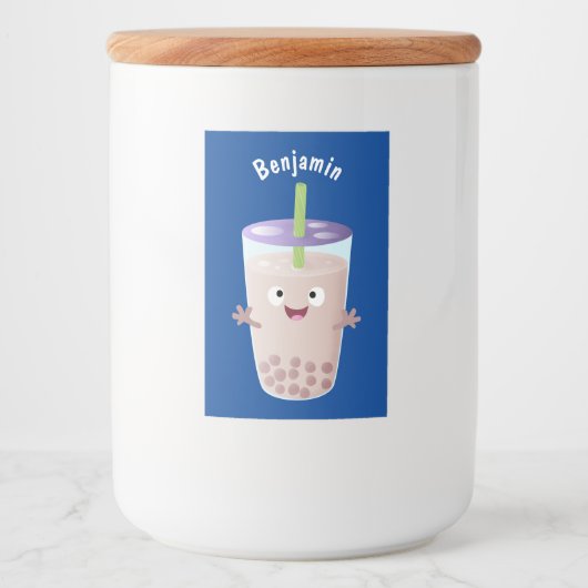 Cute happy bubble tea boba cartoon voedselcontainer etiket (Voorkant)