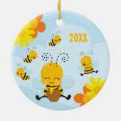 Cute Happy Bumble Bee met Flowers Kind Kerstmis Keramisch Ornament (Achterkant)