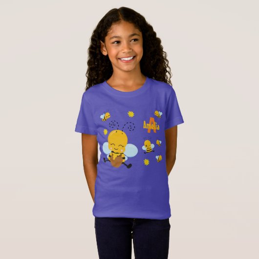 Cute Happy Bumble Bee met Flowers Paars T-shirt (Voorkant volledig)