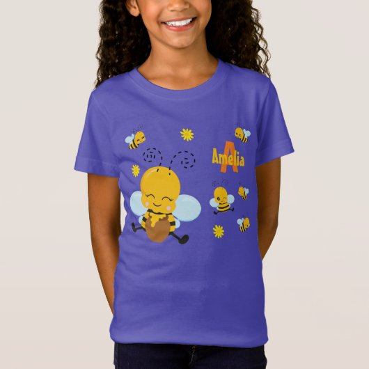 Cute Happy Bumble Bee met Flowers Paars T-shirt (Voorkant)