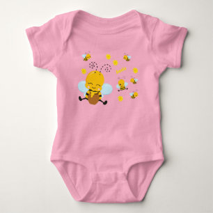Cute Happy Bumble Bee met Flowers Roze Romper