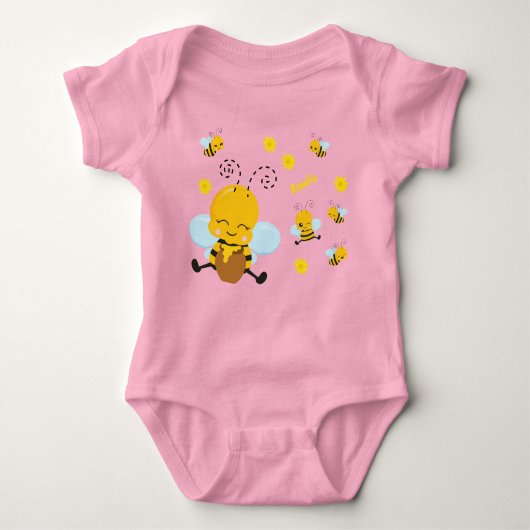 Cute Happy Bumble Bee met Flowers Roze Romper (Voorkant)