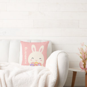 Cute Happy Bunny en Flowers Pink Kussen