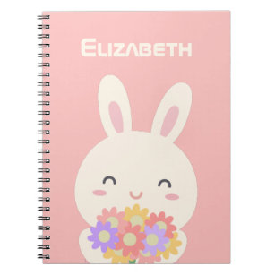 Cute Happy Bunny en Flowers Pink Notitieboek