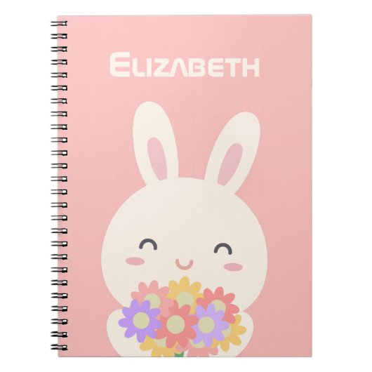 Cute Happy Bunny en Flowers Pink Notitieboek (Voorkant)