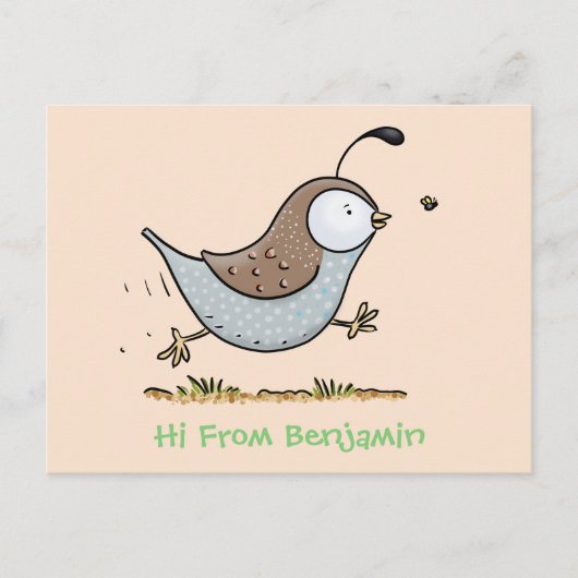 Cute happy californian quail cartoon afbeelding briefkaart (Voorkant)