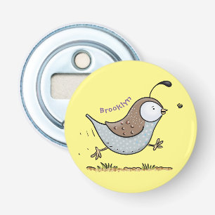 Cute happy californian quail cartoon afbeelding button flesopener