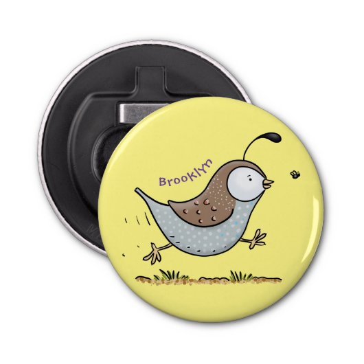 Cute happy californian quail cartoon afbeelding button flesopener (Voorkant)