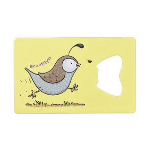 Cute happy californian quail cartoon afbeelding creditkaart flessenopener