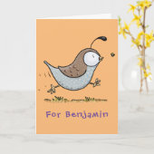Cute happy californian quail cartoon afbeelding kaart (Gele Bloem)