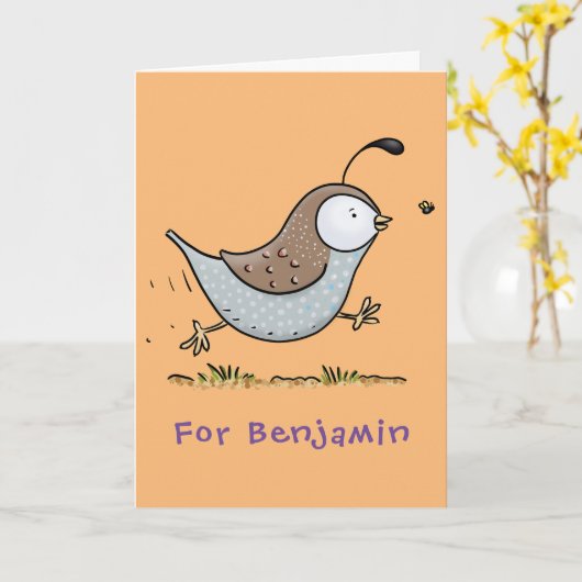 Cute happy californian quail cartoon afbeelding kaart (Gele Bloem)