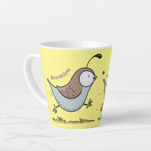 Cute happy californian quail cartoon afbeelding latte mok (Linkerhoek)