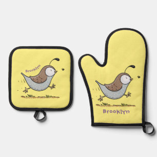 Cute happy californian quail cartoon afbeelding ovenwant & pannenlap set
