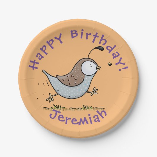 Cute happy californian quail cartoon afbeelding papieren bordje (Voorkant)