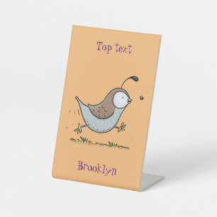 Cute happy californian quail cartoon afbeelding reclamebord met voetstuk