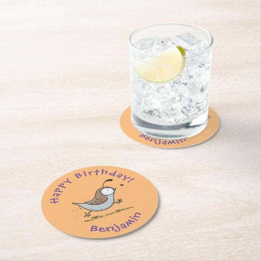 Cute happy californian quail cartoon afbeelding ronde kartonnen onderzetter (Insitu)
