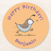 Cute happy californian quail cartoon afbeelding ronde kartonnen onderzetter (Voorkant)