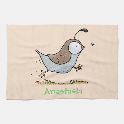 Cute happy californian quail cartoon afbeelding theedoek (Horizontaal)