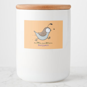 Cute happy californian quail cartoon afbeelding voedselcontainer etiket