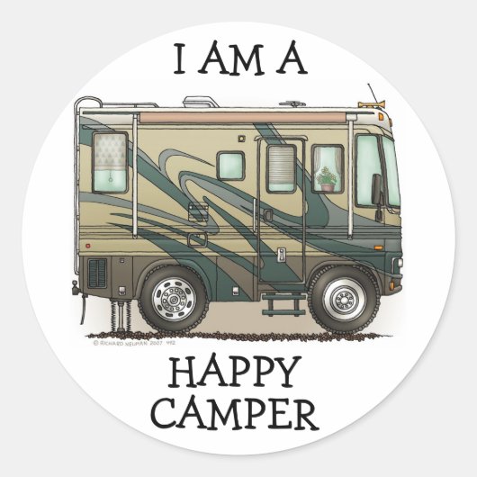 Cute Happy Camper Big RV Coach Motorhome Ronde Sticker (Voorkant)