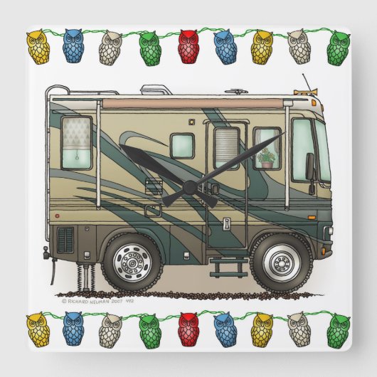 Cute Happy Camper Big RV Coach Motorhome Vierkante Klok (Voorkant)