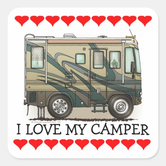 Cute Happy Camper Big RV Coach Motorhome Vierkante Sticker (Voorkant)